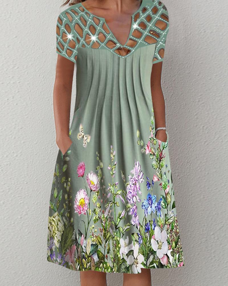 

Floral Print Rhinestone Hollow Out Casual Dress, Green