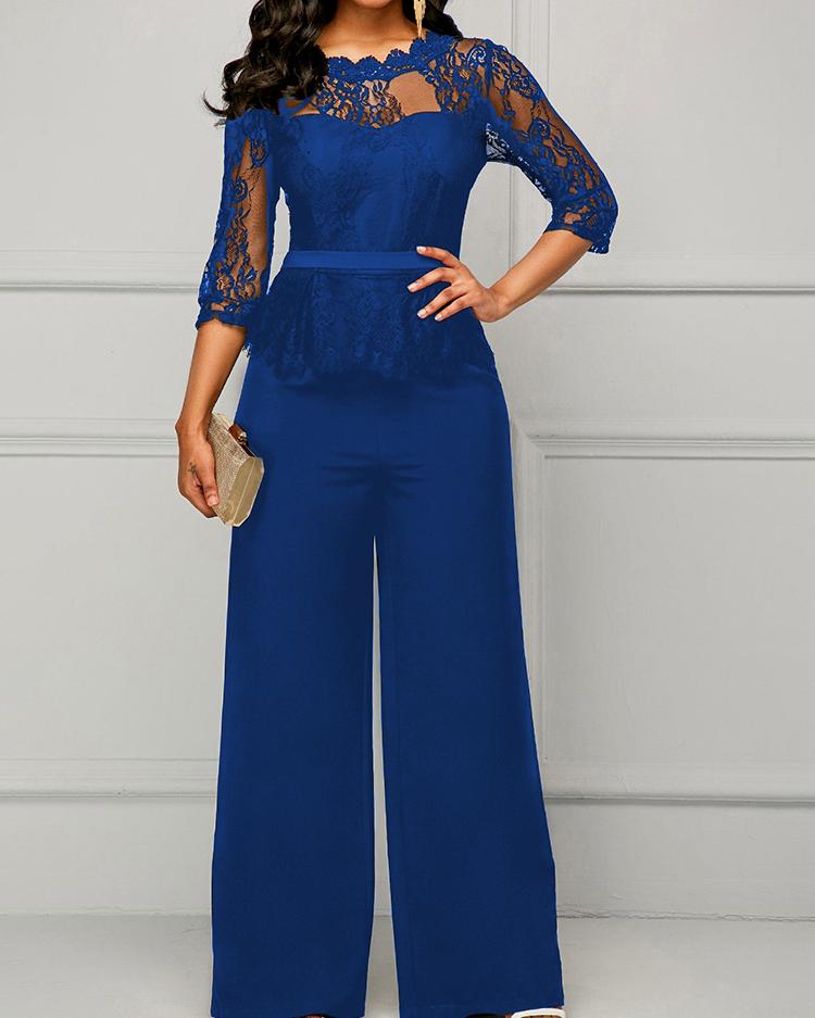 

Crochet Lace Splicing Wide Leg Jumpsuit, Dark blue