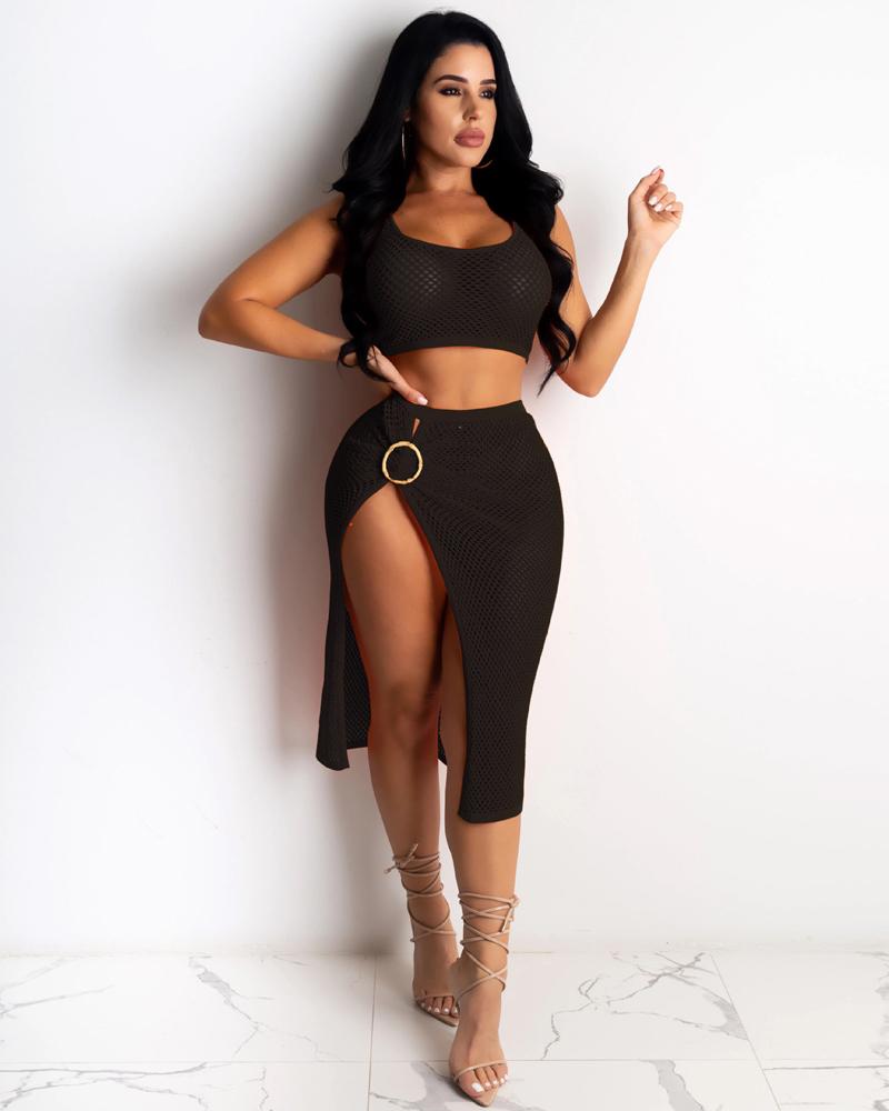 

Solid See-through Skinny Tanks With Slit Skirts Skirt Sets, Black
