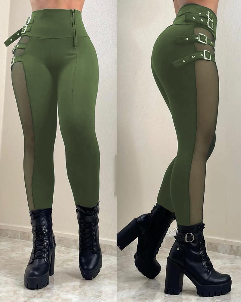 

Mesh Patch Buckled High Waist Pants, Green