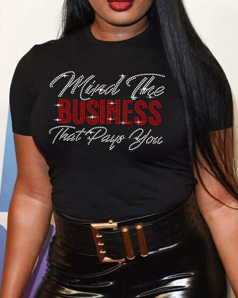 

Plus Size Rhinestone Letter Pattern Casual T-shirt, Black
