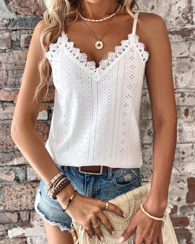 

Eyelet Embroidery Lace Patch Tank Top, White
