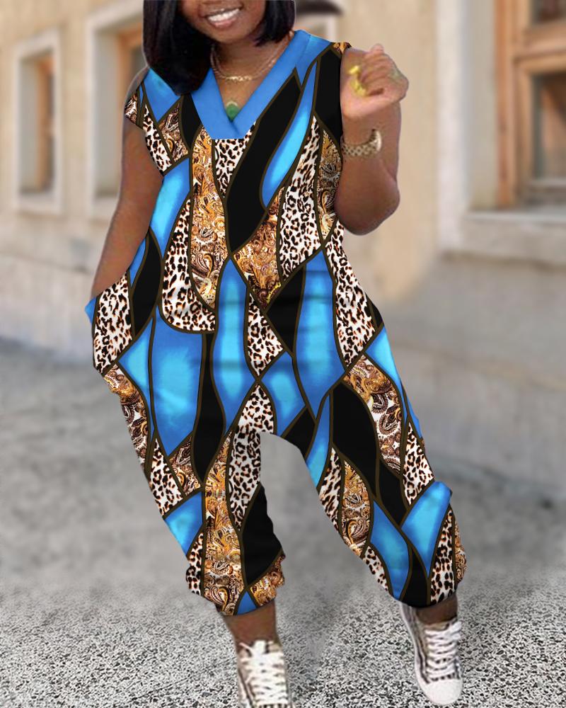 

Plus Size Baroque Leopard Print Pocket Design Jumpsuit, Blue