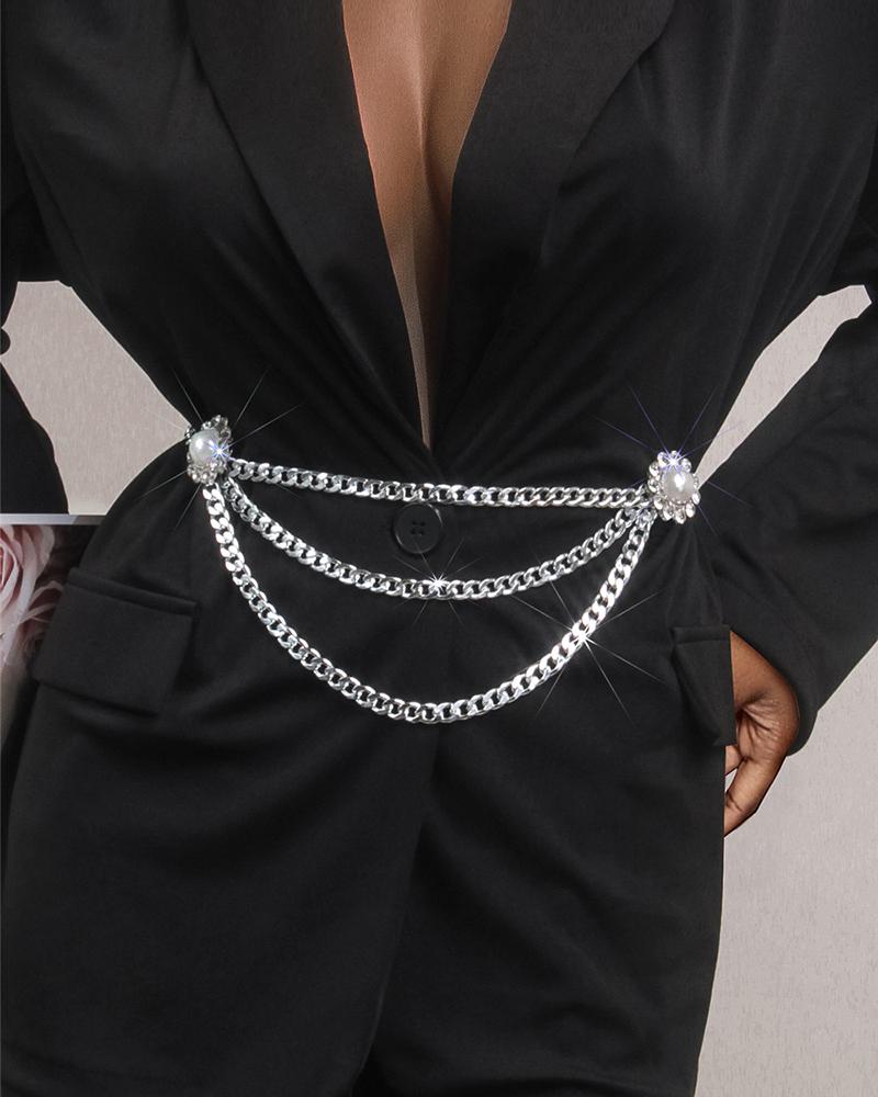

Rhinestone Pearl Decor Multi Bodychain, Silver