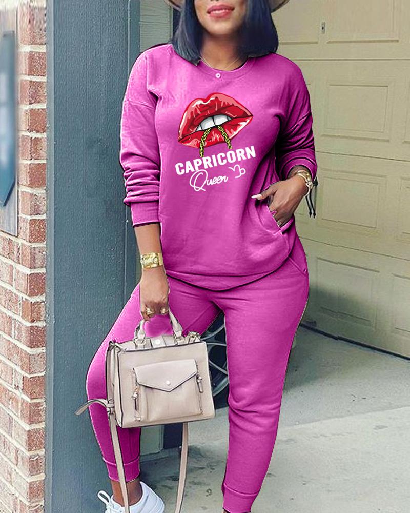 

Lip Letter Print Pocket Design Top & Pants Set, Hot pink