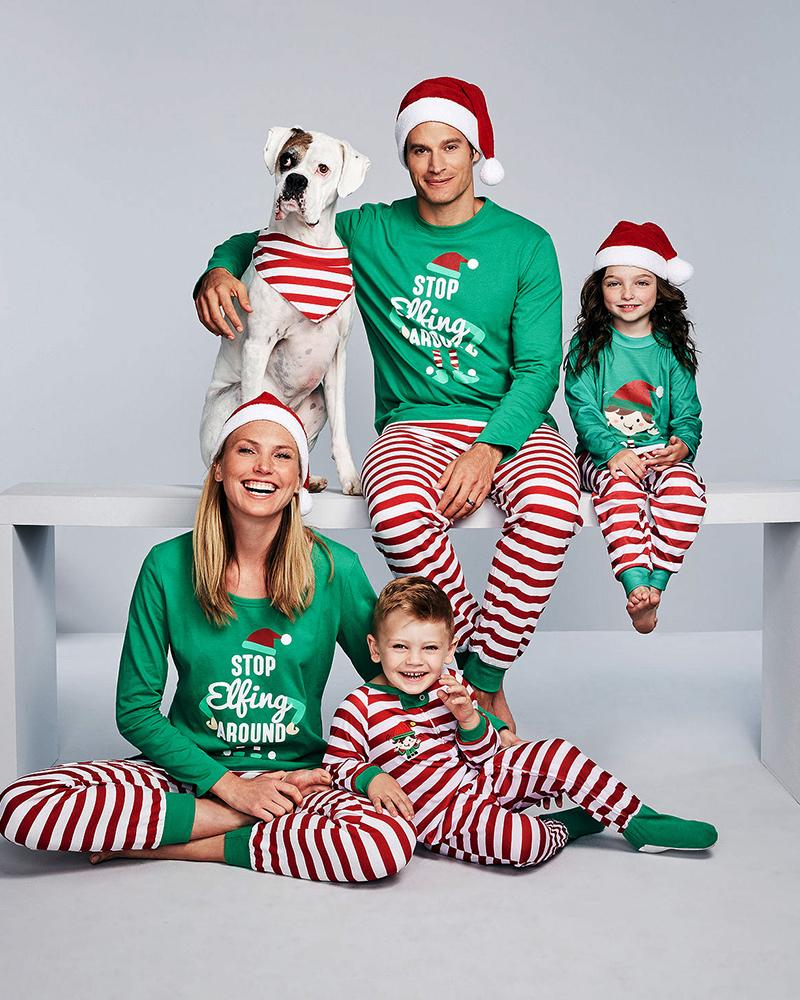 

Christmas Letter Print Top & Striped Pants Set For Mom, Green