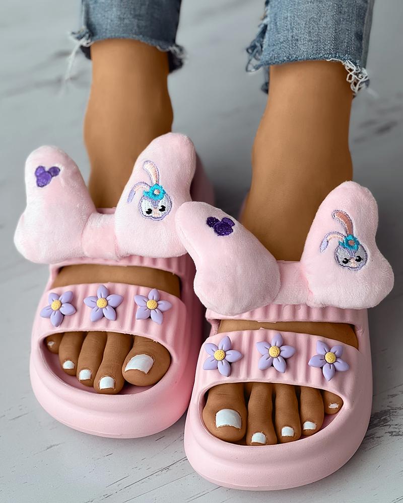 

Cartoon Floral Bowknot Pattern Round Toe Clogs, Pink