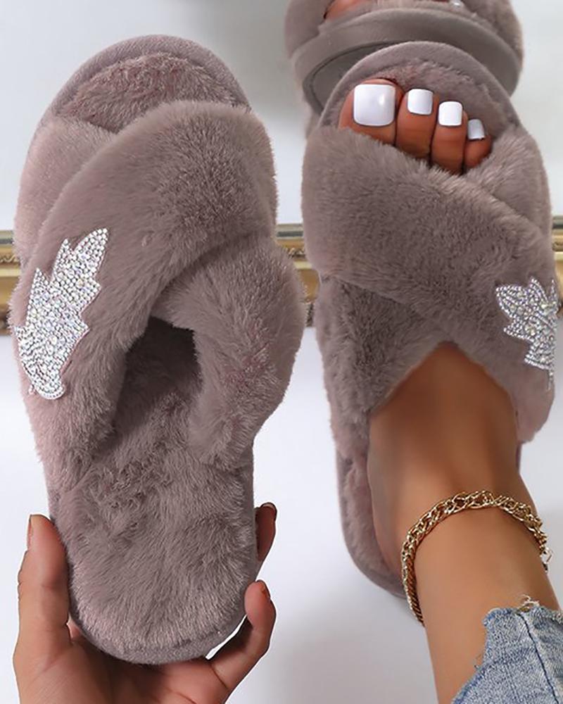 

Fuzzy Rhinestone Leaf Pattern Slippers, Khaki