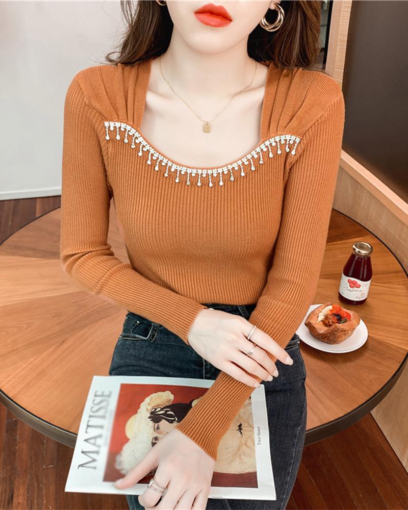 

Rhinestone Tassel Decor Knit Top, Orange