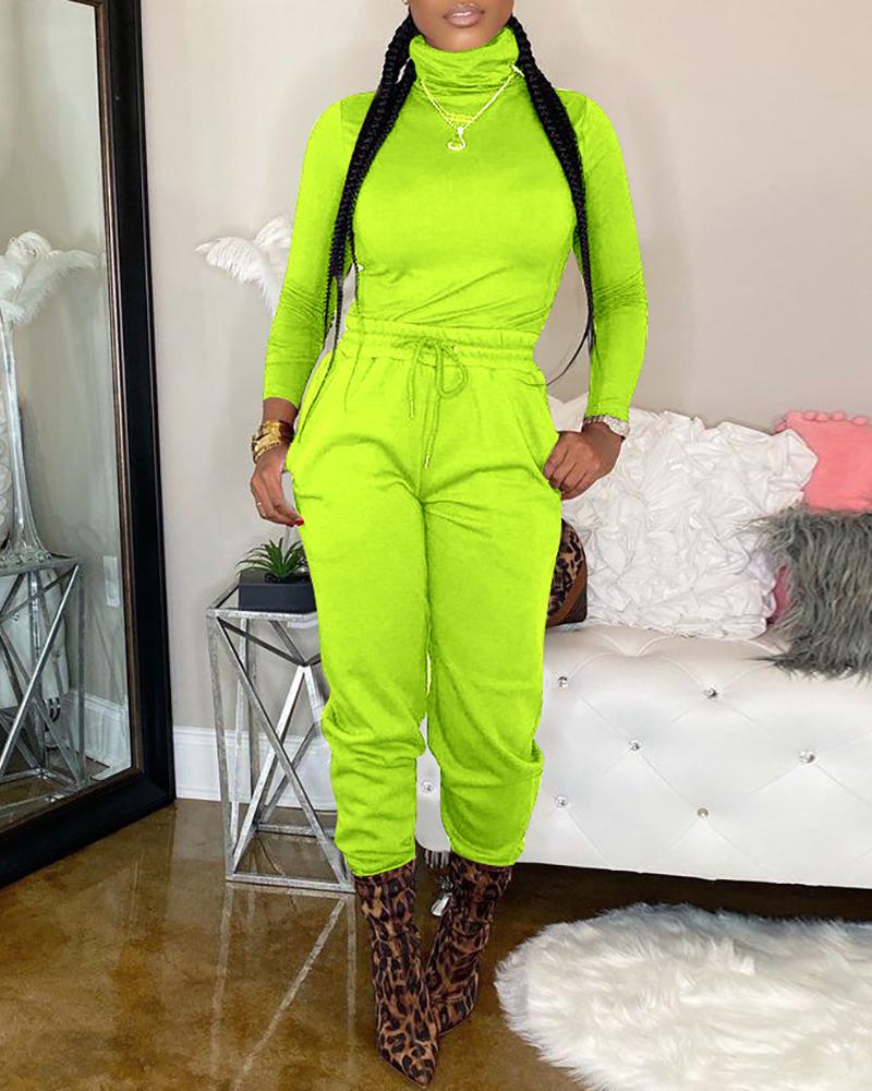 

Plain Turtle Neck Long Sleeve Top & Pants Set, Green
