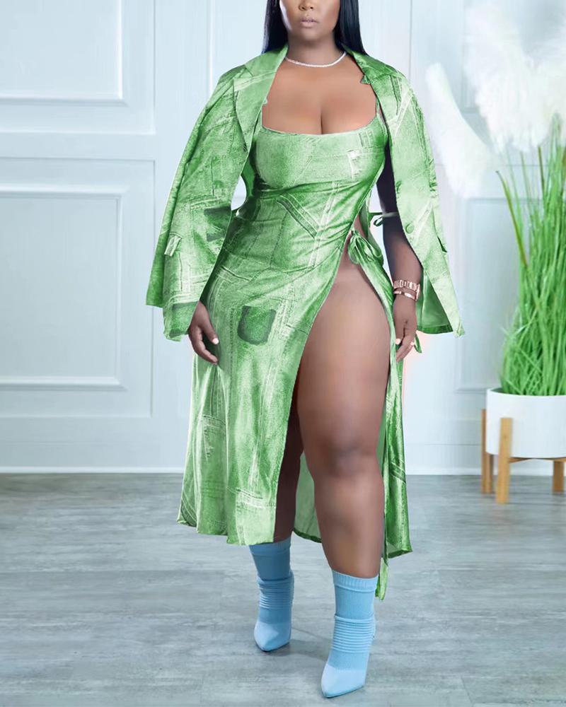 

Plus Size Denim Look Print High Slit Dress & Blazer Set, Green