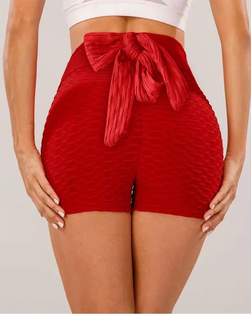

Bowknot Decor Textured High Waist Yoga Shorts, Red