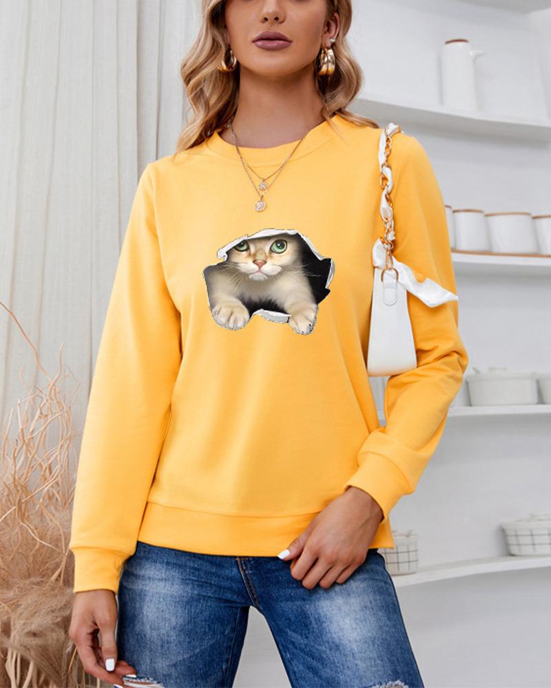 

Cute Cat Print Long Sleeve Sweatshirt, Yellow