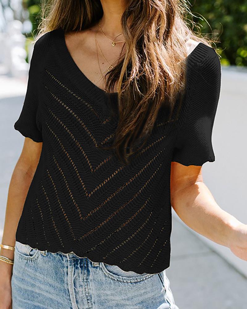 

Hollow-out Short Sleeve Rib Knit Top, Black