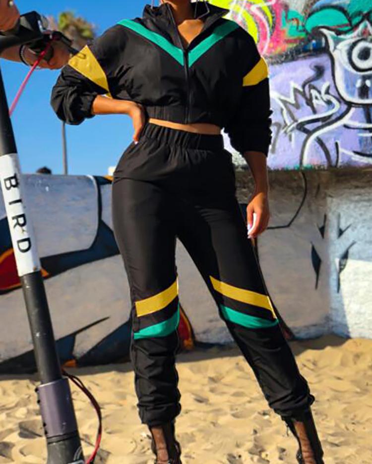

Contrast Color Splicing Jacket With Pants Sets, Yellow