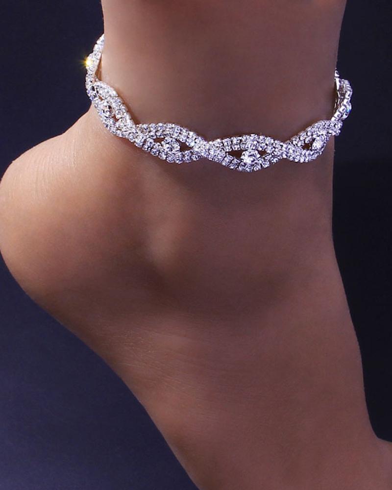 

1pc Allover Rhinestone Eye Shaped Fashion Jewelry Beach Anklet, Silver