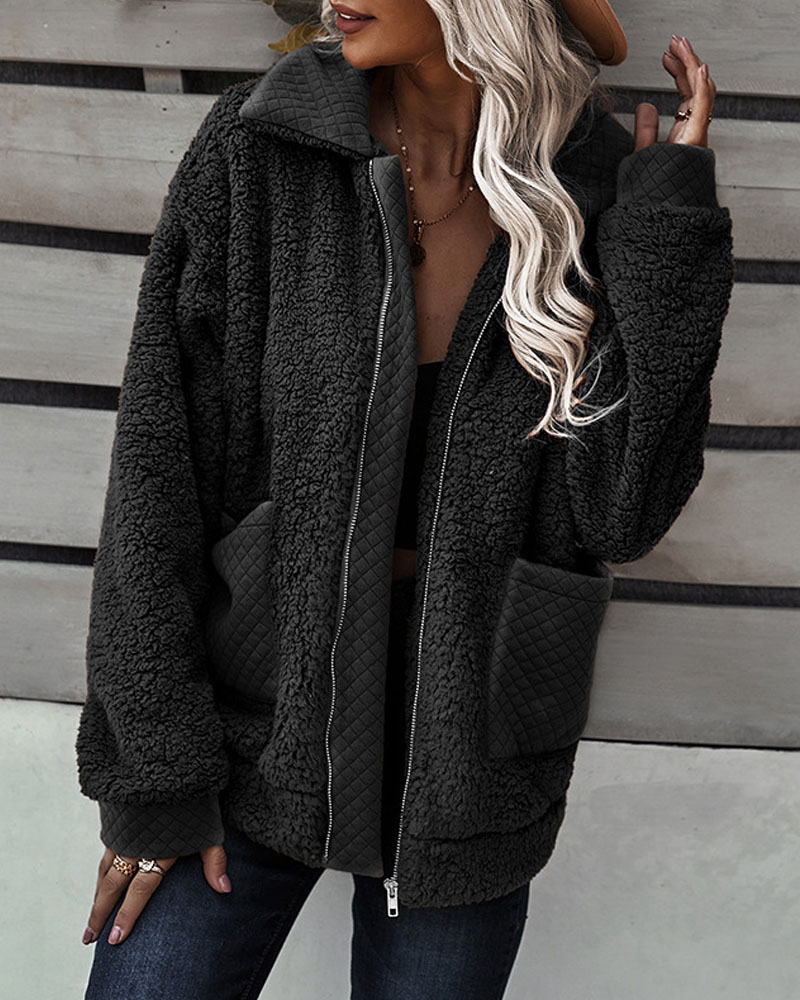

Long Sleeve Pocket Detail Zip Up Teddy Coat, Black