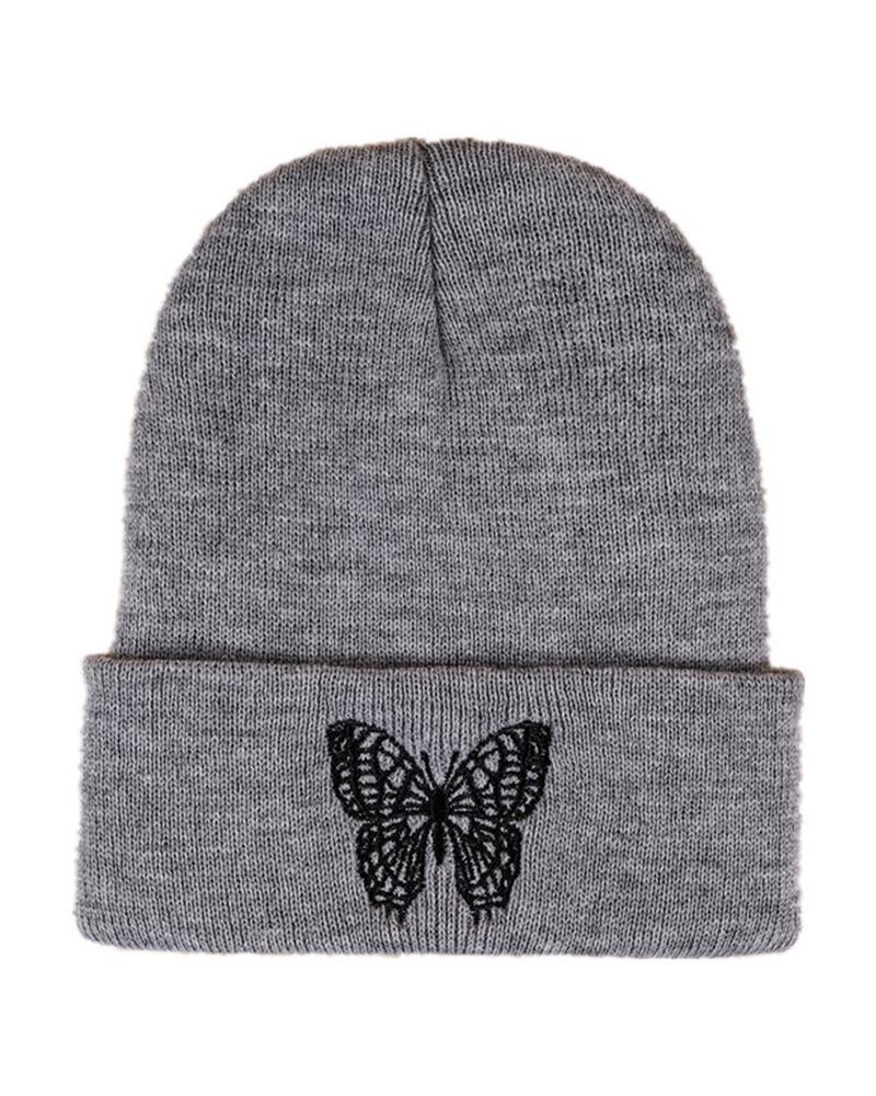 

Butterfly Embroidery Thermal Knit Bennie Hat, Gray