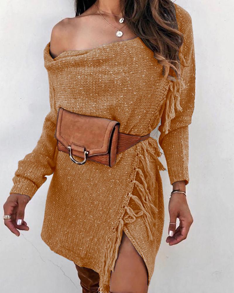 

Solid One Shoulder Tassel Design Sweater Coat, Khaki