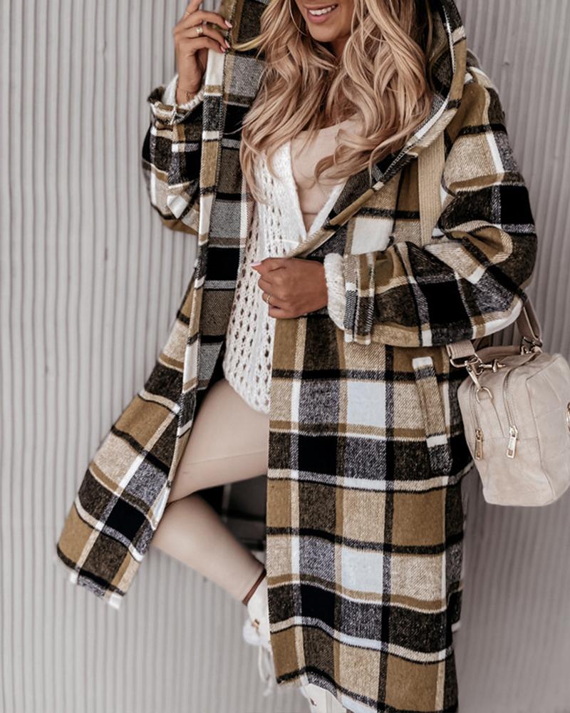 

Plaid Print Pocket Design Hooded Coat, Khaki