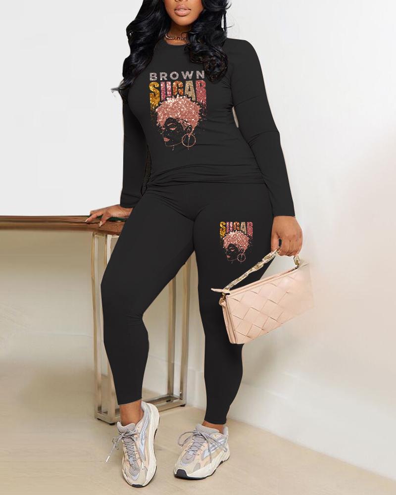 

Figure Letter Print Long Sleeve Top & Pants Set, Black