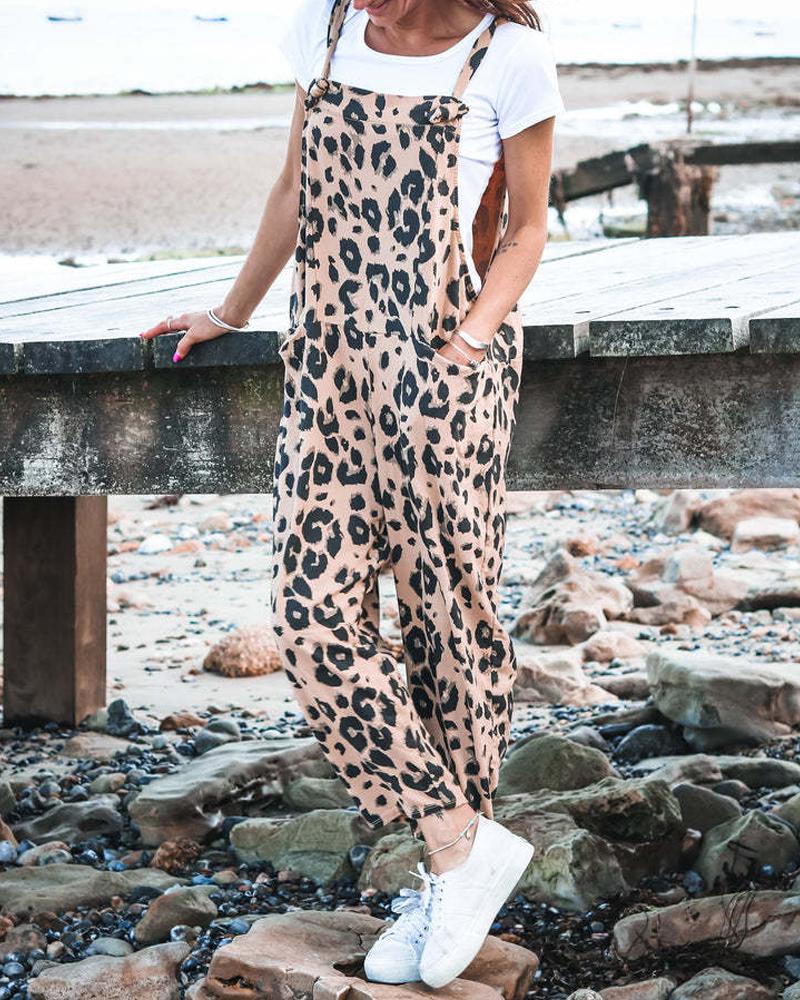 

Leopard Print Sleeveless Pocket Design Jumpsuit, Khaki