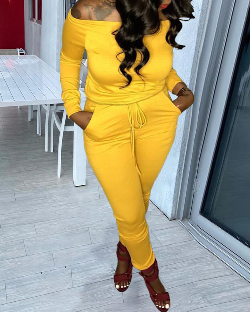 

Off Shoulder Plain Top & Drawstring Pants Set, Yellow