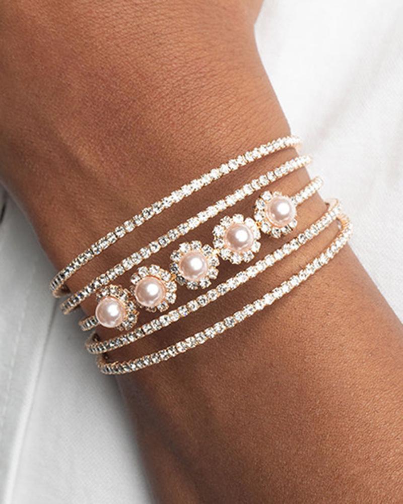 

1pc Rhinestone Decor Hollow Out Pearls Opening Bracelet, Gold