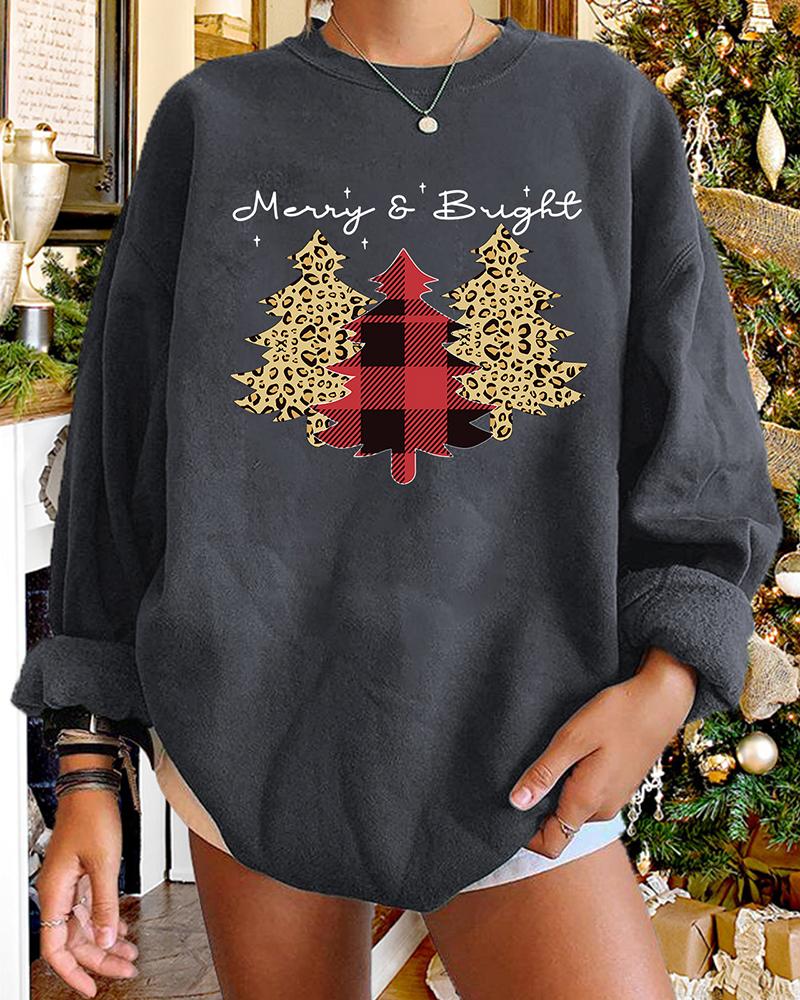 

Christmas Plaid Cheetah Letter Tree Print Long Sleeve Sweatshirt, Gray