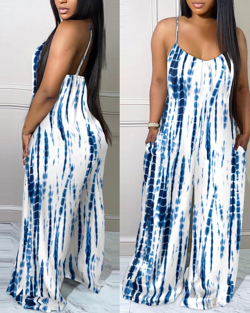 

Tie Dye Print Spaghetti Strap Wide Leg Jumpsuit, Blue