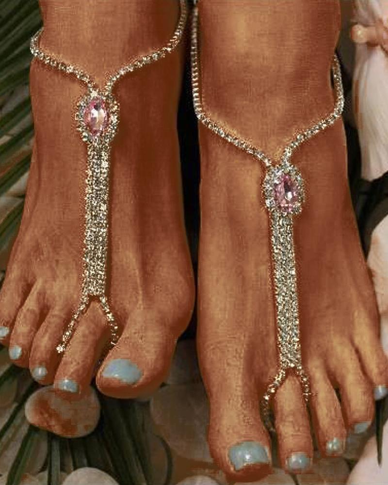 

2pcs Crystal Stone Rhinestone Fashion Jewelry Toe Ring Beach Anklets Set, Pink