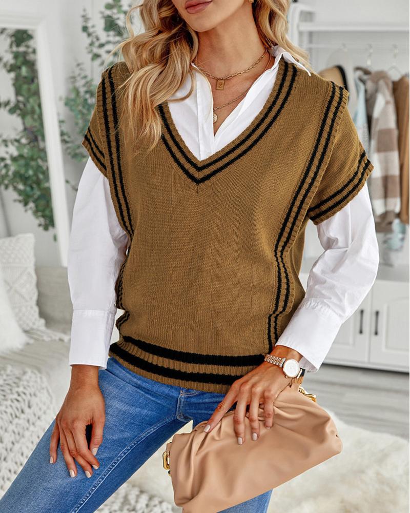 

Striped Pattern V-Neck Short Sleeve Sweater, Brown