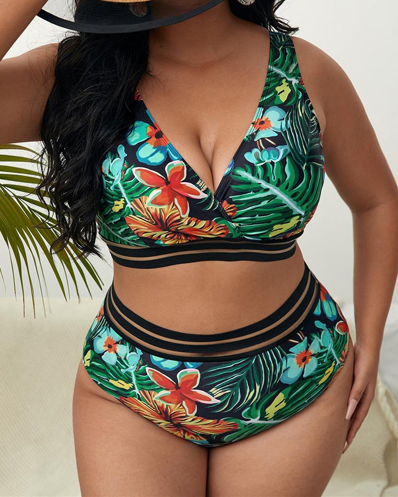 

Plus Size Tropical Print Contrast Mesh Bikini Set, Green