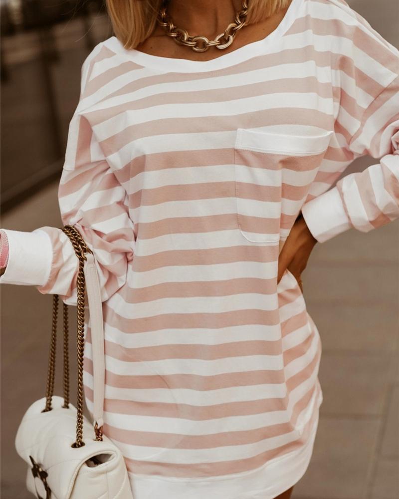 

Striped Round Neck Long Sleeve Top, Orange