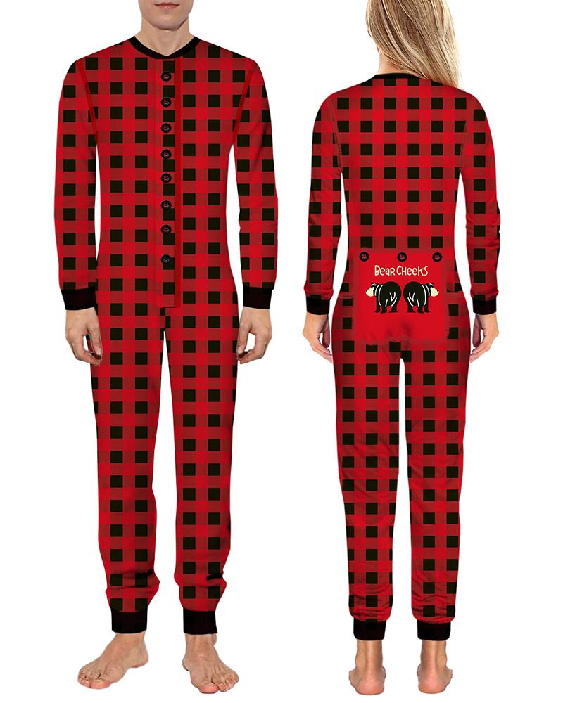

Christmas Functional Plaid Letter Cartoon Print Family Pajamas For Dad, Red