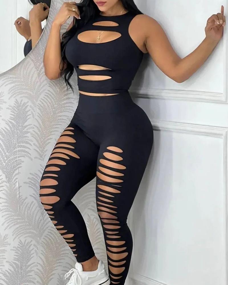 

Ladder Cutout Tank Top & High Waist Pants Set, Black