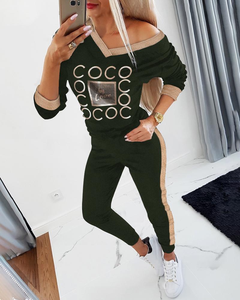 

Letter Print Long Sleeve Tee & Colorblock Pocket Design Pants Set, Army green