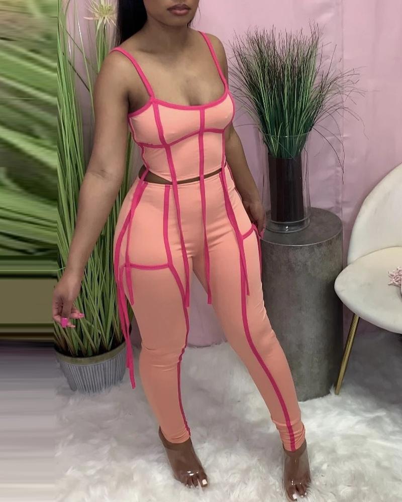 

Contrast Binding Strap Decor Top & Pants Set, Pink