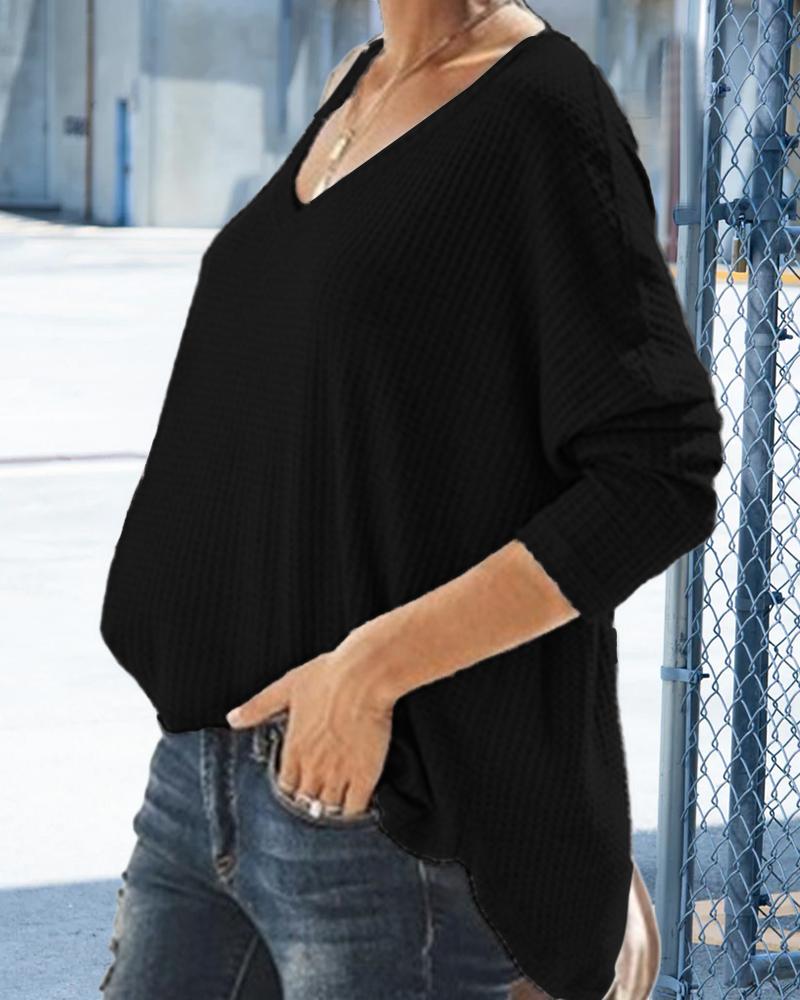 

Plus Size Plain V-Neck Long Sleeve Top, Black