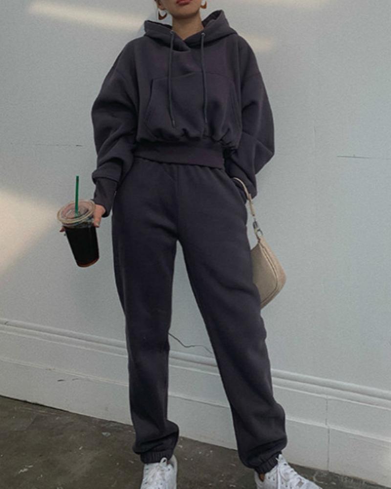 

Plain Pocket Design Long Sleeve Hoodie & High Waist Pants Set, Dark grey