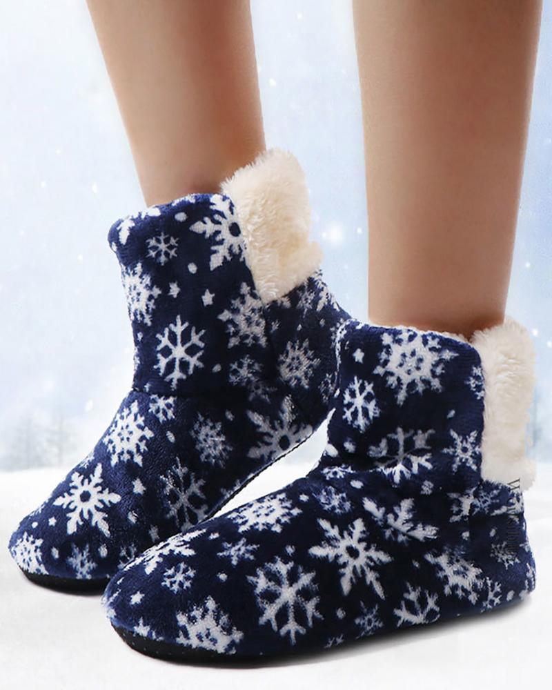 

Christmas Snowflake Print Fluffy Indoor Boots, Blue
