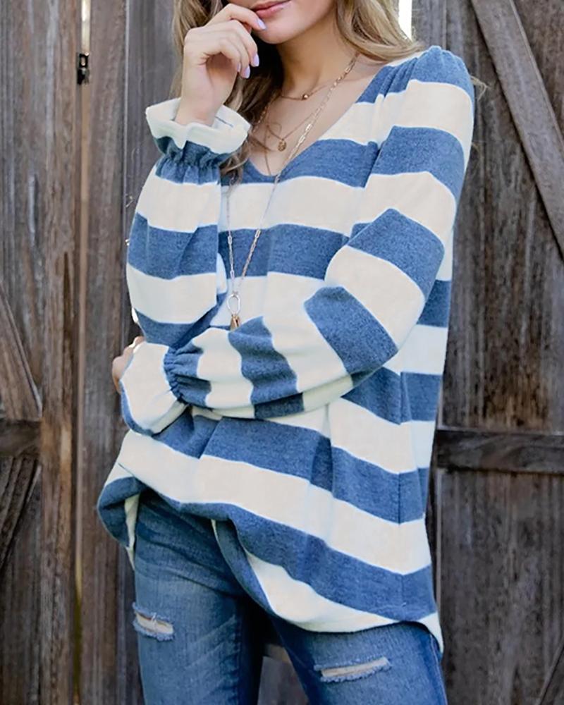 

V-Neck Striped Print Colorblock Bell Sleeve Top, Blue