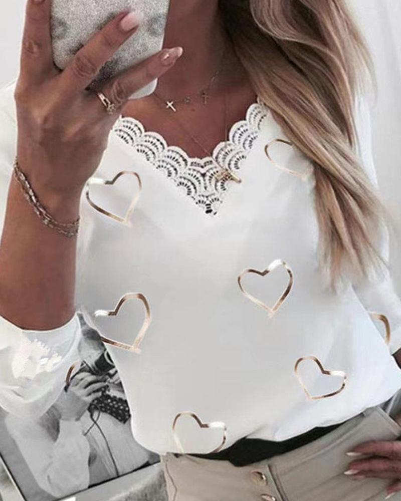 

Heart Print Lace Trim Long Sleeve Top, White