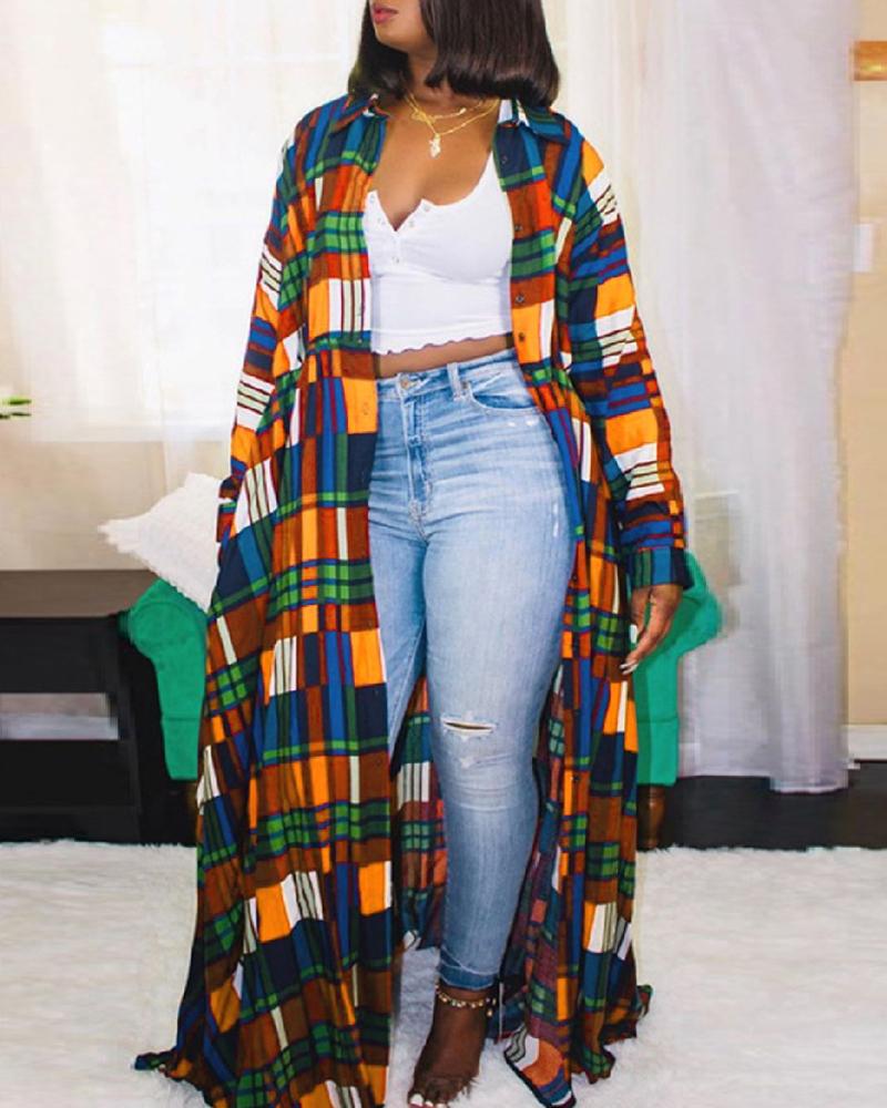 

Plaid Print Colorblock Long Sleeve Maxi Shirt Dress, Orange