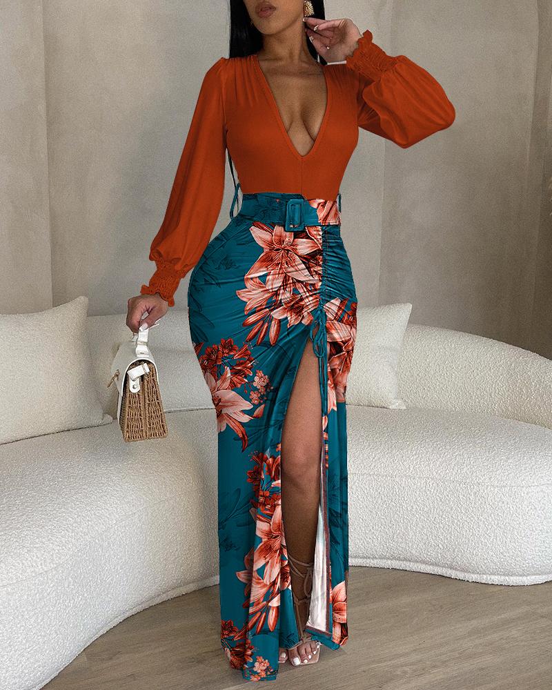 

Floral Print Plunge High Slit Drawstring Maxi Dress, Multicolor