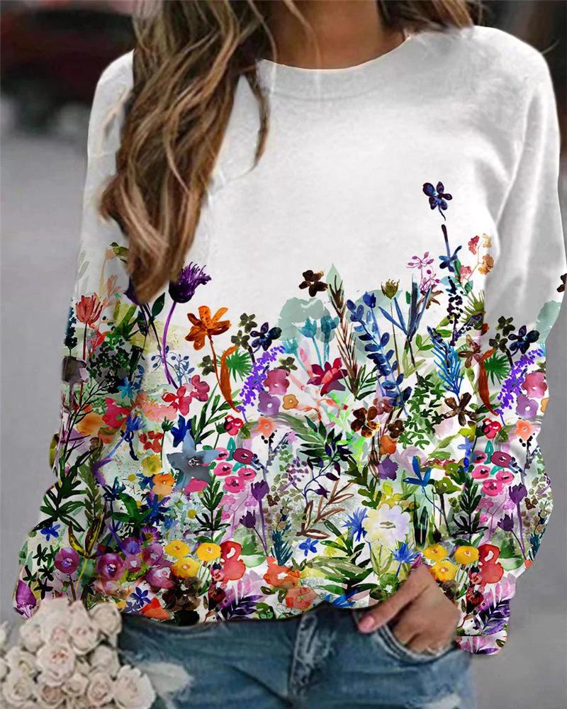 

Floral Print Long Sleeve Casual Sweatshirt, White