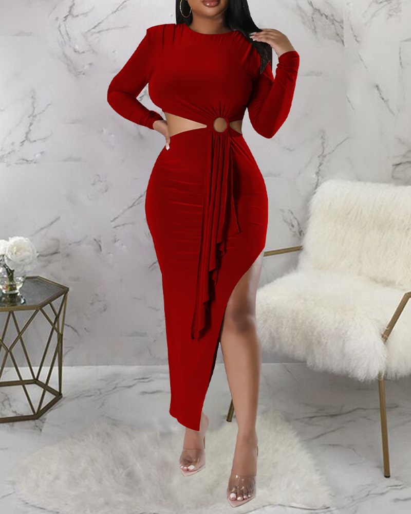 

O-Ring Cutout Long Sleeve High Slit Dress, Wine red