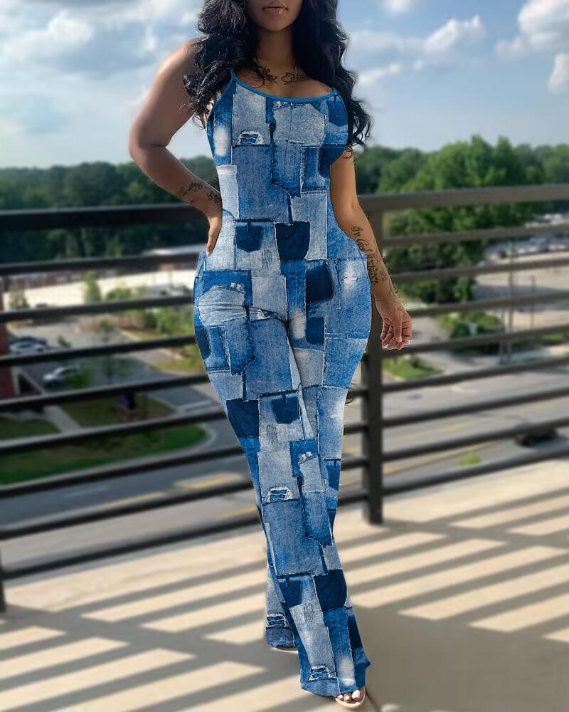 

Denim Look Print U-Neck Spaghetti Strap Jumpsuit, Blue