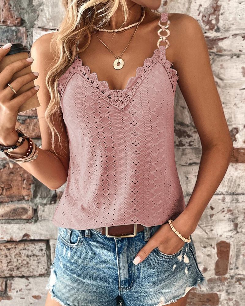 

Chain Decor Eyelet Embroidery Lace Patch Tank Top, Pink