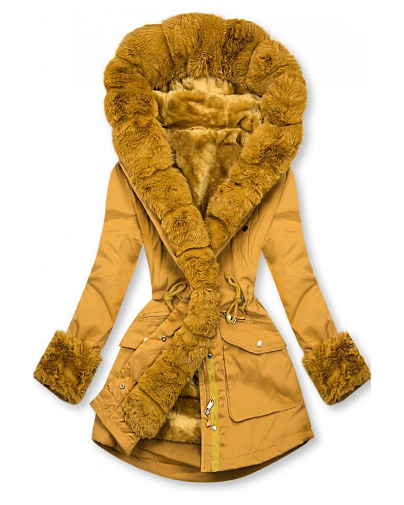 

Women's Parka Winter Warm Fur Collar Hooded Pocket Design Coat, Yellow